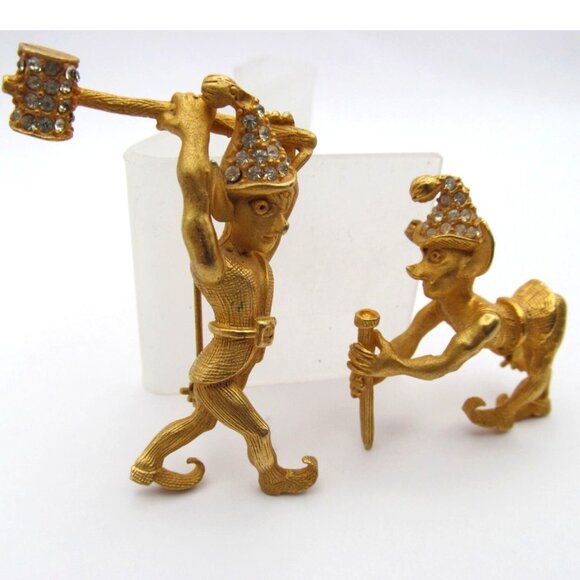 Geno Ltd Jewelry - Vintage Elves Gold Tone Rhinestone with Hammer and Nail Brooch Set by Geno Ltd